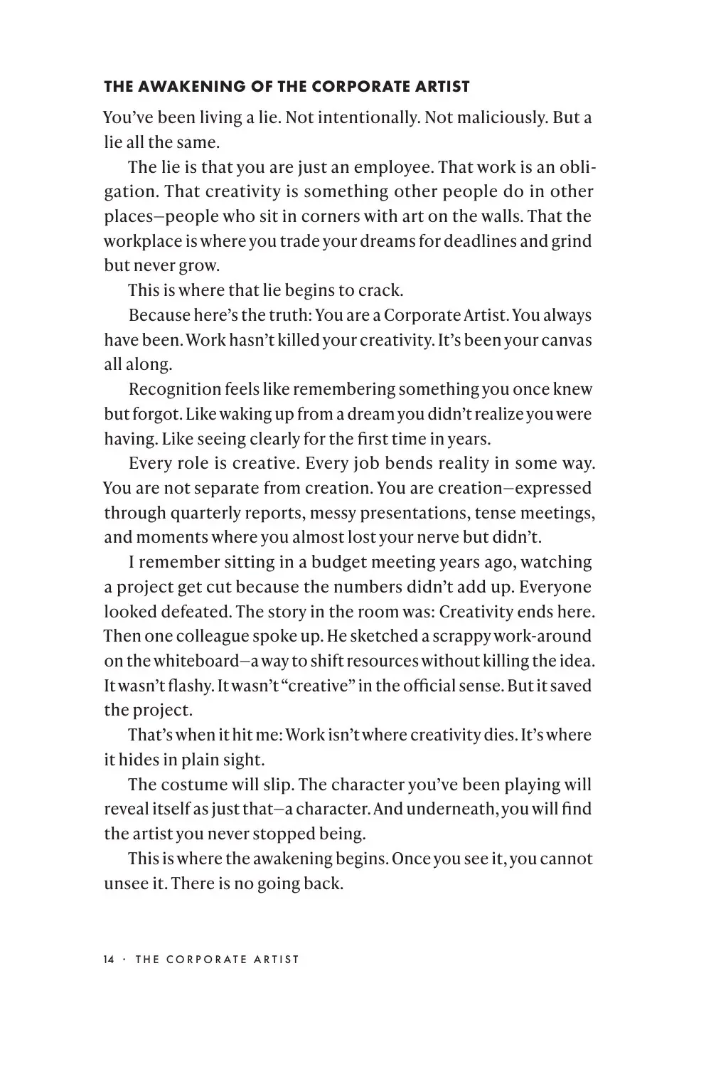 The Corporate Artist, printed page 14. Readable text follows this page pair.