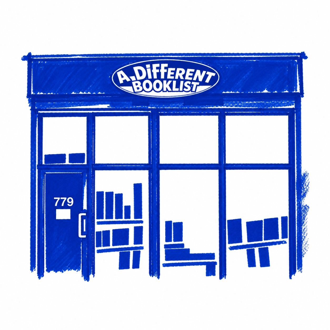 Klein-blue marker drawing of A Different Booklist, Bathurst / Bloor, Toronto; Places to Wander by The Corporate Artist
