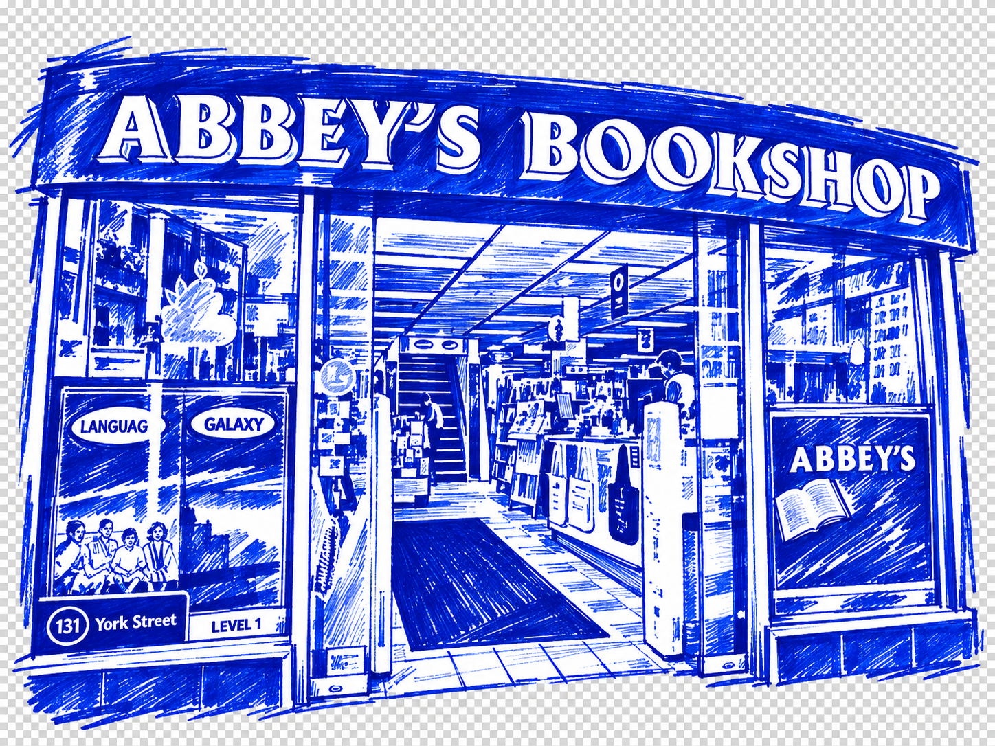 Klein-blue marker drawing of Abbey’s Bookshop, City Centre, Sydney; Places to Wander by The Corporate Artist