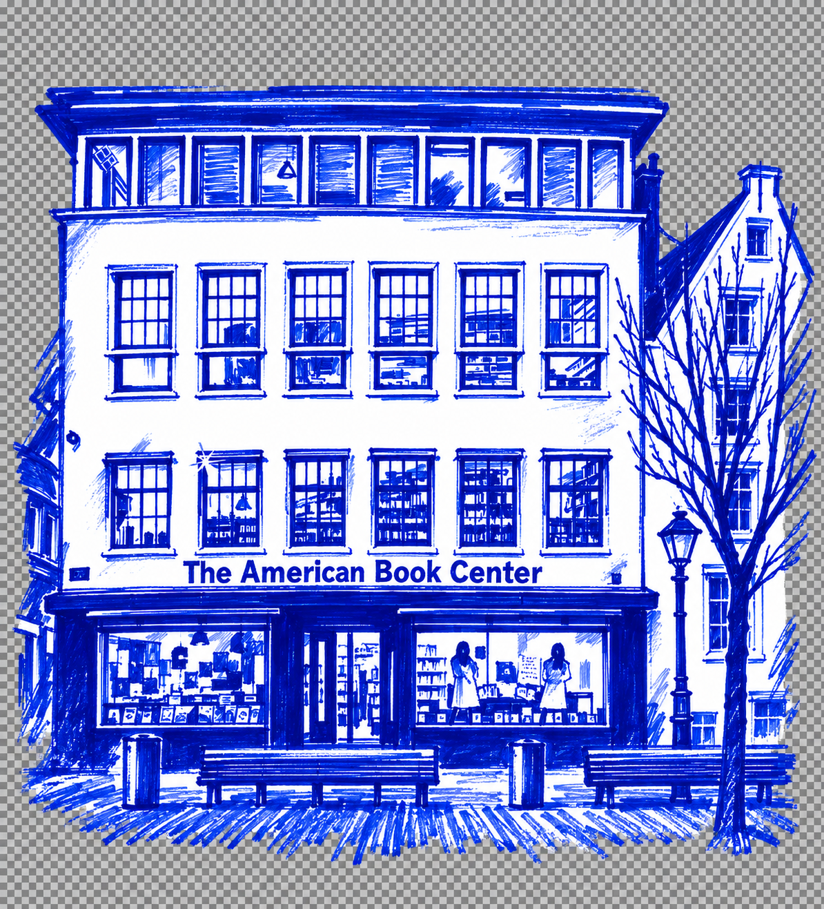 Klein-blue marker drawing of American Book Center, Spui, Amsterdam; Places to Wander by The Corporate Artist