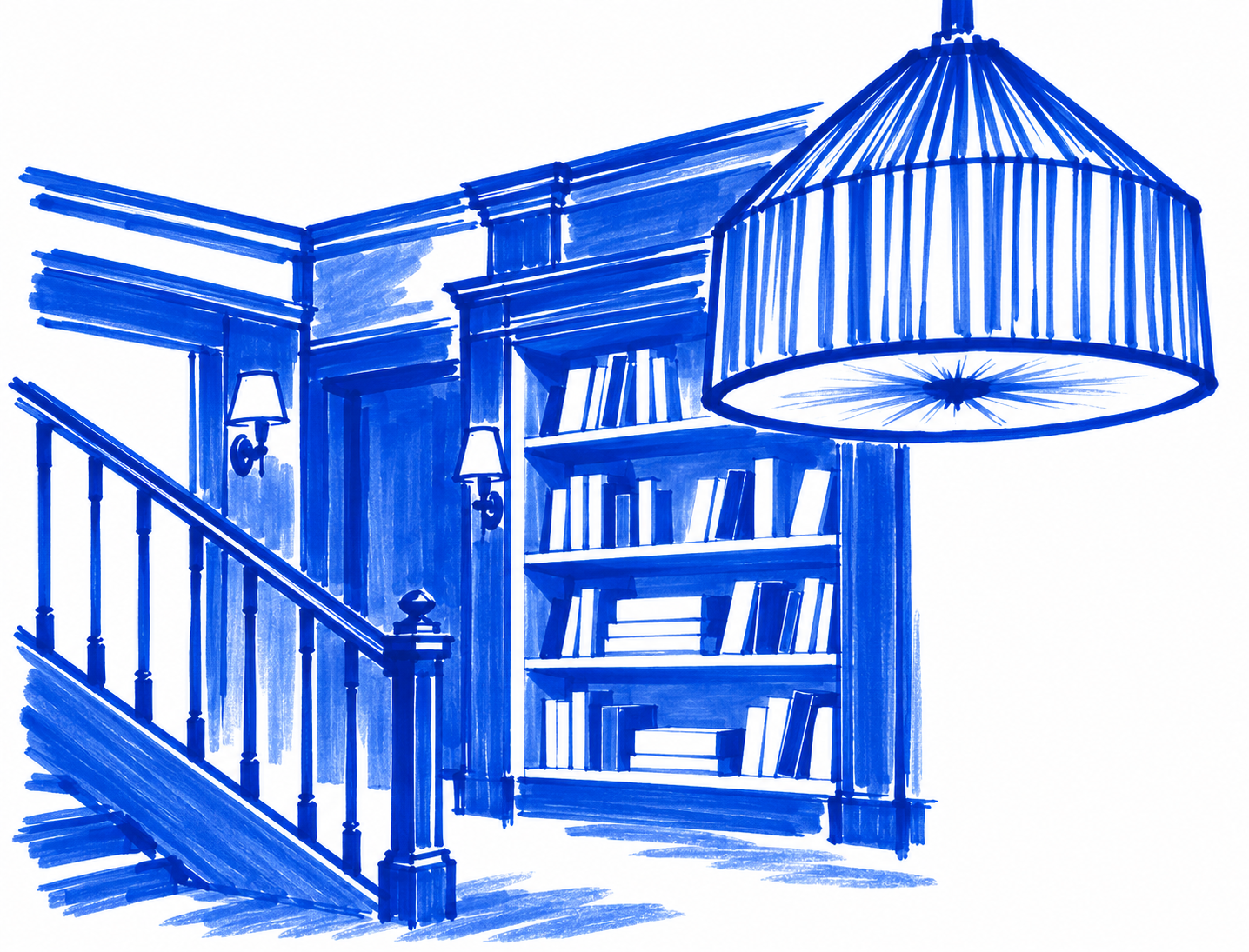 Klein-blue marker drawing of Albertine, Upper East Side, New York; Places to Wander by The Corporate Artist