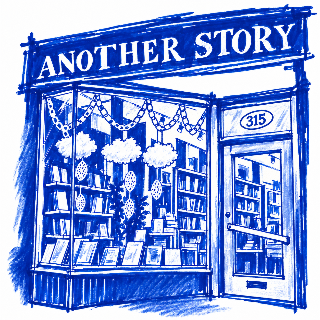 Klein-blue marker drawing of Another Story Bookshop, Roncesvalles, Toronto; Places to Wander by The Corporate Artist