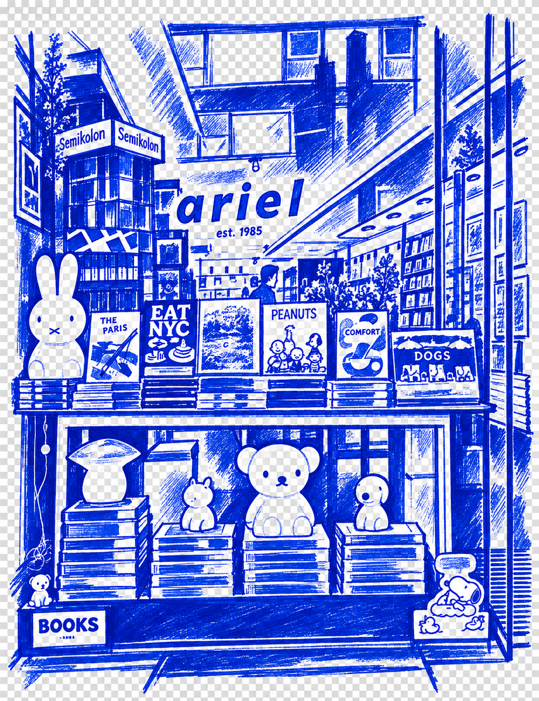 Klein-blue marker drawing of Ariel Booksellers, Paddington, Sydney; Places to Wander by The Corporate Artist