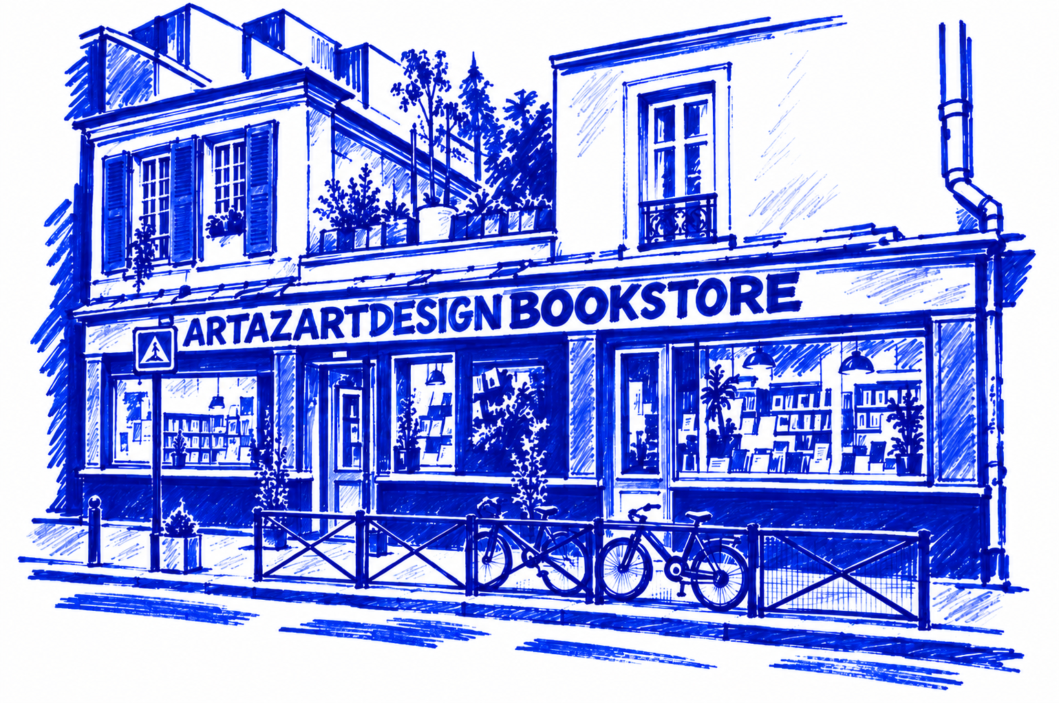Klein-blue marker drawing of Artazart, Canal Saint-Martin, Paris; Places to Wander by The Corporate Artist