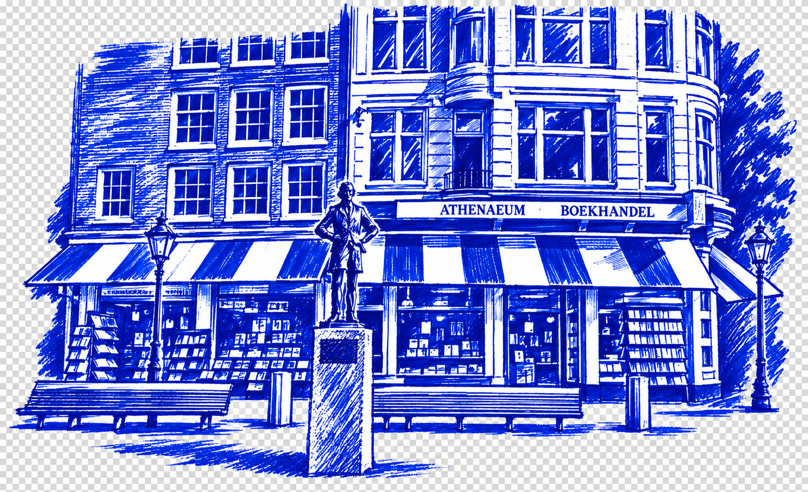 Klein-blue marker drawing of Athenaeum Boekhandel, Spui, Amsterdam; Places to Wander by The Corporate Artist