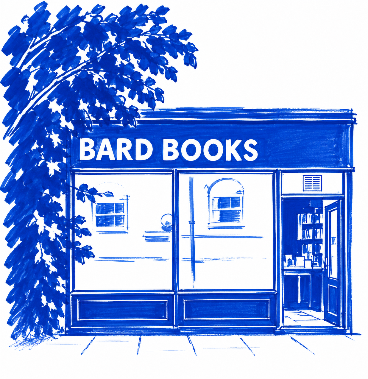 Klein-blue marker drawing of Bàrd Books, Bow, London; Places to Wander by The Corporate Artist