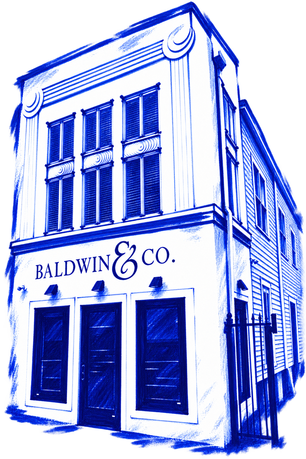 Klein-blue marker illustration of Baldwin & Co., New Orleans; Places to Wander by The Corporate Artist