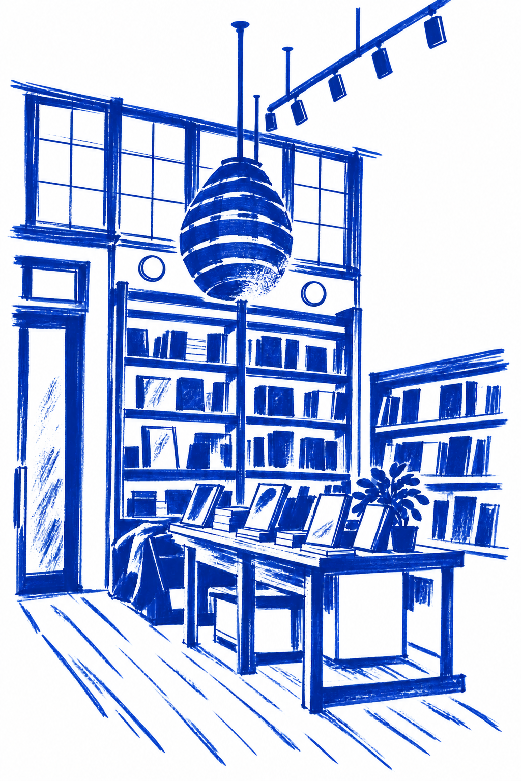 Klein-blue marker drawing of Black Bird Bookstore & Café, Outer Sunset, San Francisco; Places to Wander by The Corporate Artist