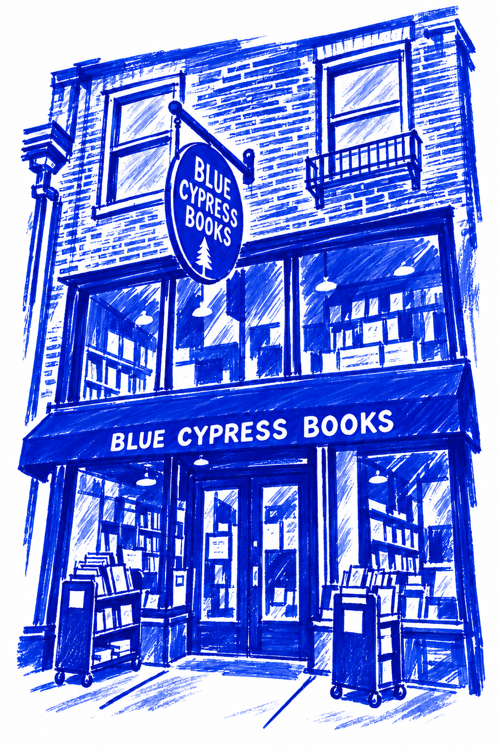 Klein-blue marker illustration of Blue Cypress Books, New Orleans; Places to Wander by The Corporate Artist