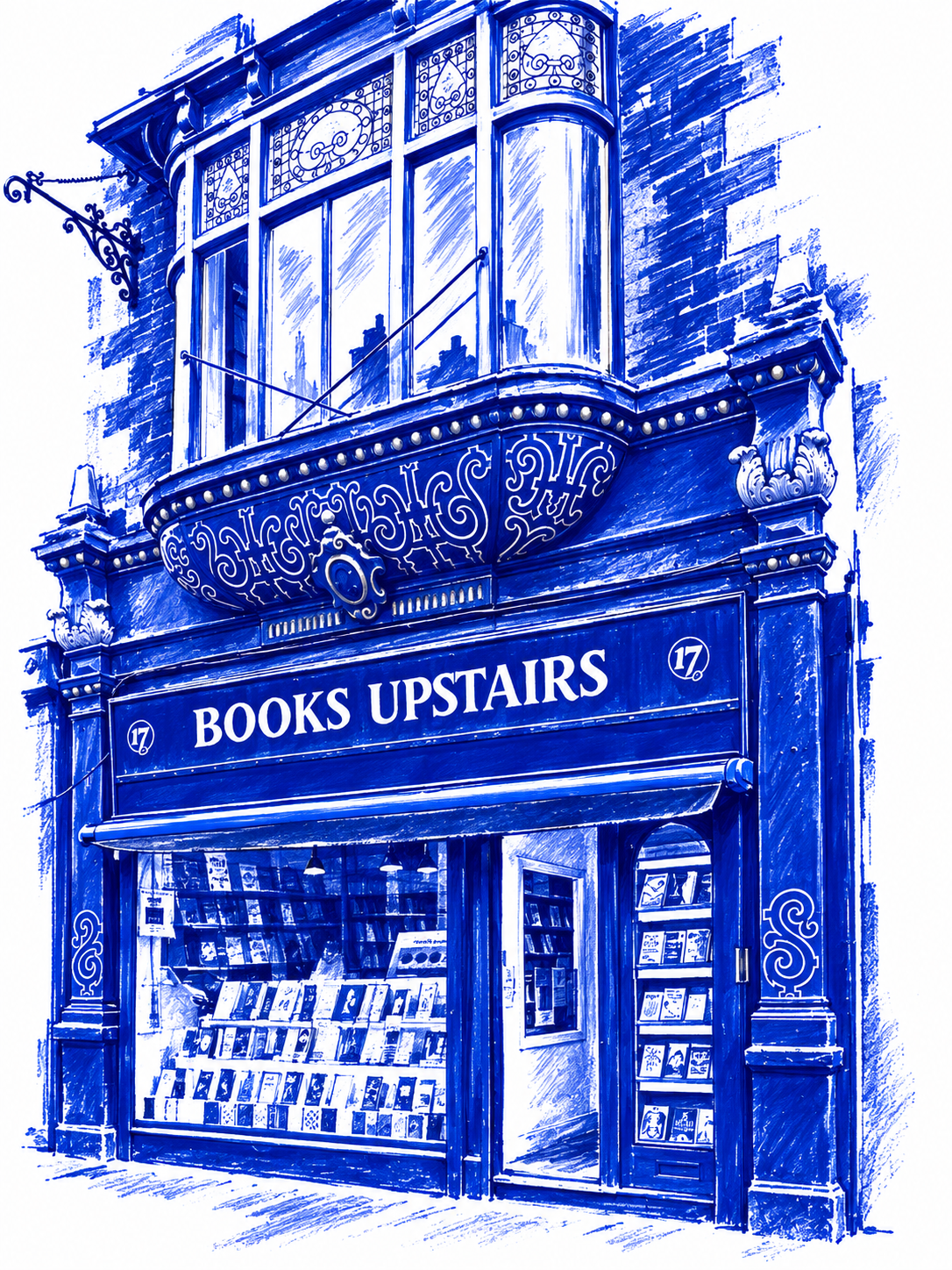 Klein-blue marker drawing of Books Upstairs, D’Olier Street, Dublin; Places to Wander by The Corporate Artist