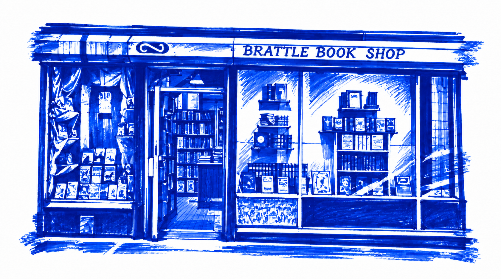 Klein-blue marker illustration of Brattle Book Shop, Boston / Cambridge; Places to Wander by The Corporate Artist
