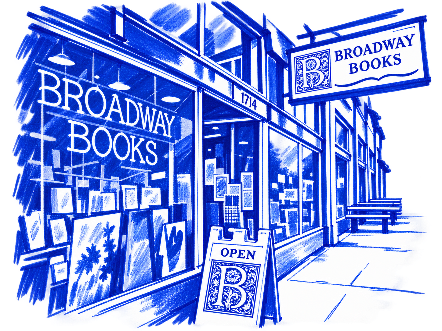 Klein-blue marker illustration of Broadway Books, Portland; Places to Wander by The Corporate Artist