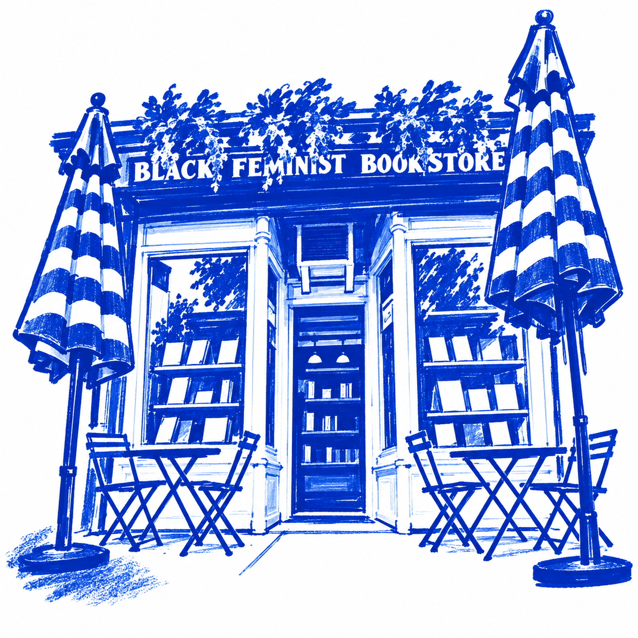 Klein-blue marker drawing of Cafe con Libros, Crown Heights, New York; Places to Wander by The Corporate Artist