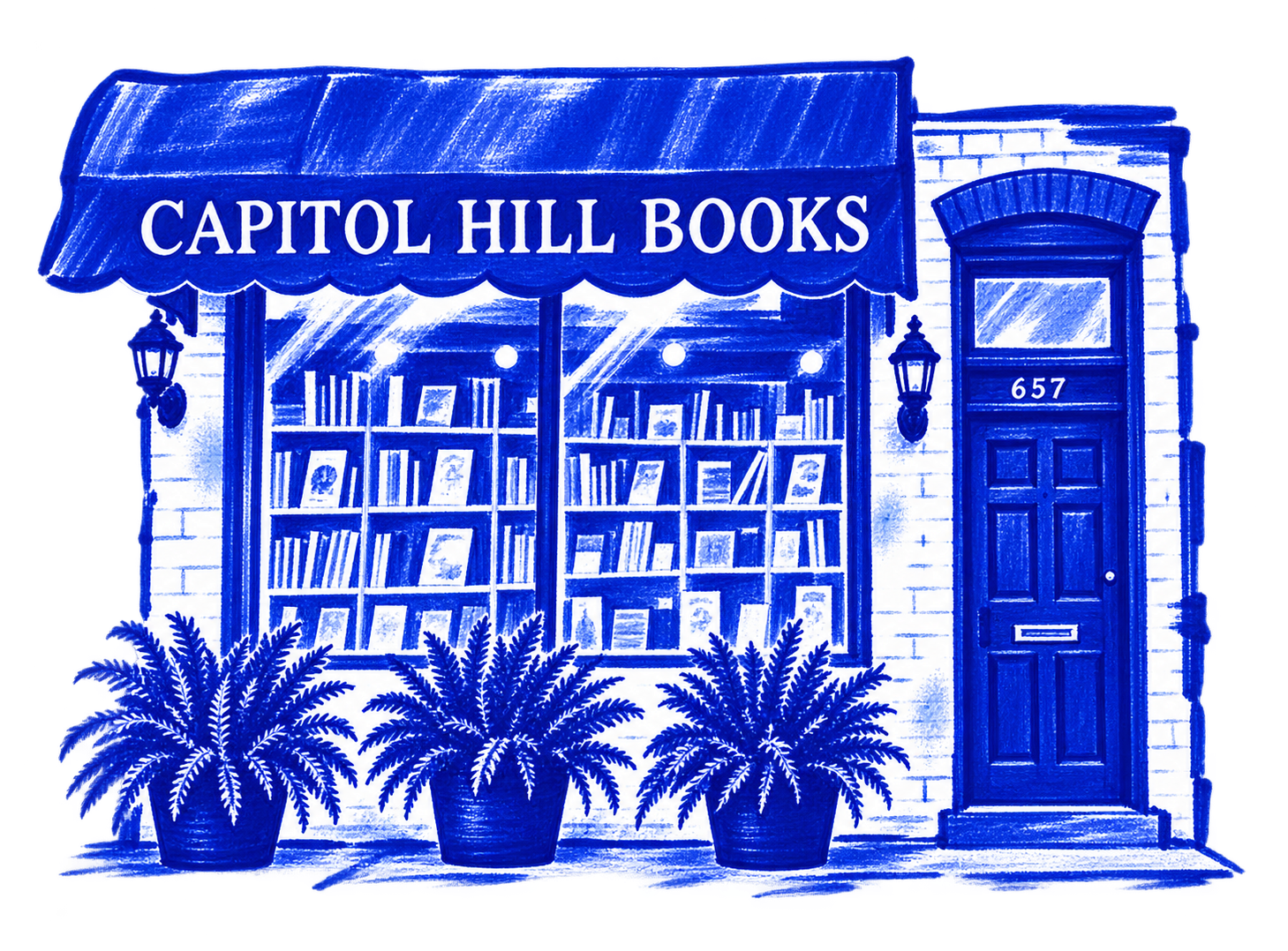 Klein-blue marker illustration of Capitol Hill Books, Washington, DC; Places to Wander by The Corporate Artist