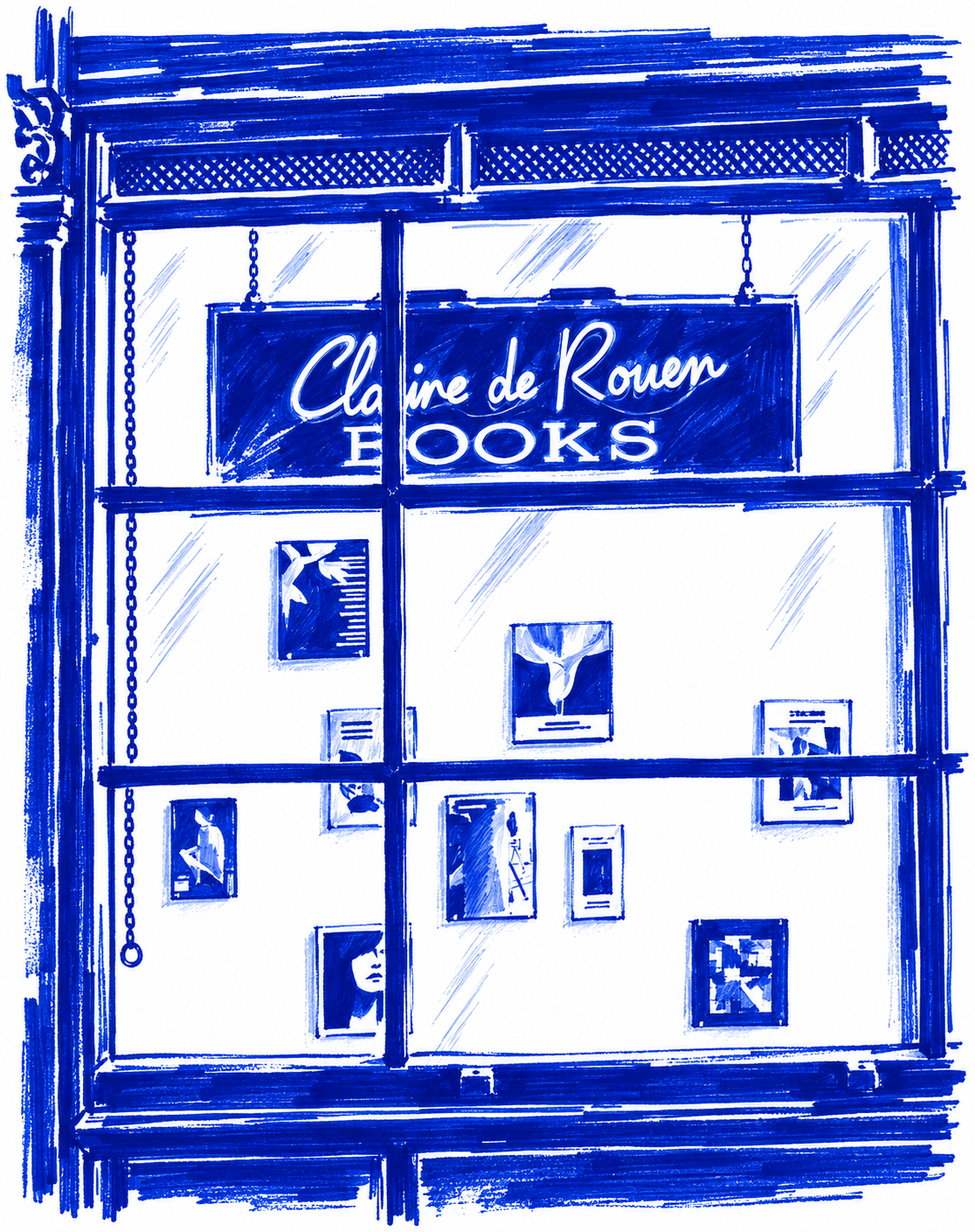 Klein-blue marker drawing of Claire de Rouen, Kingsland Road; Places to Wander by The Corporate Artist