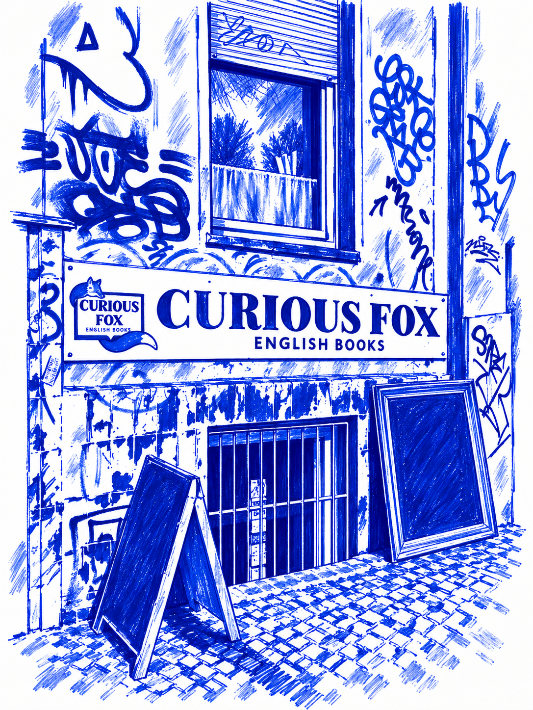 Klein-blue marker drawing of Curious Fox, Kreuzberg, Berlin; Places to Wander by The Corporate Artist