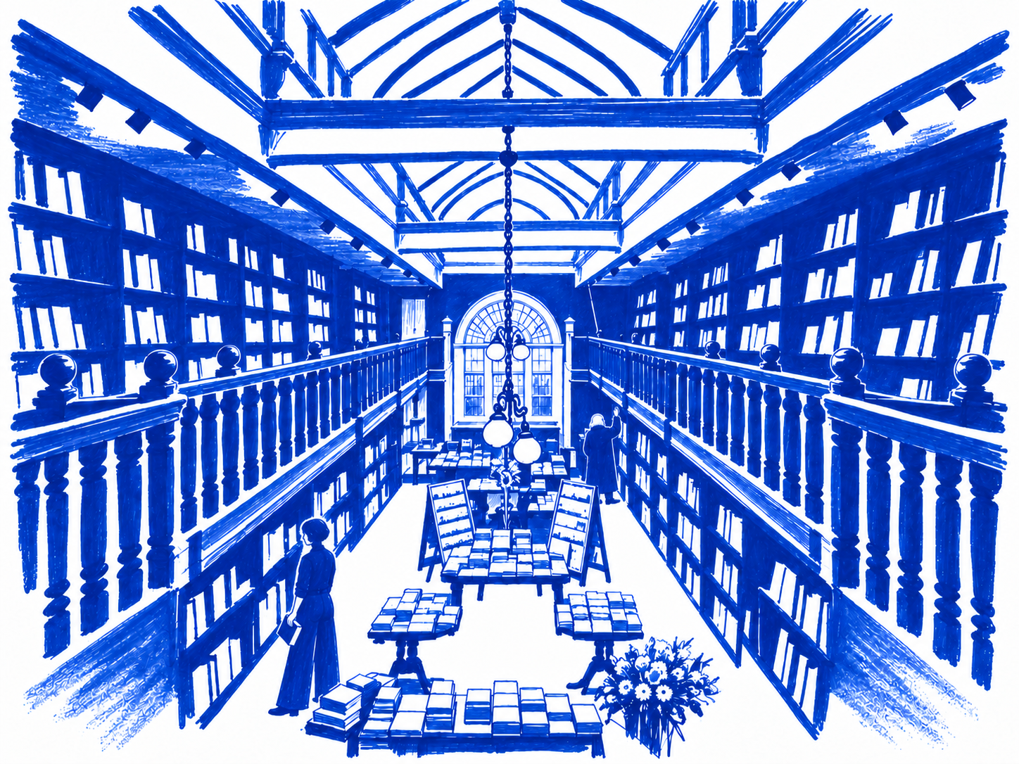 Marker drawing of the long galleries inside Daunt Books, Marylebone