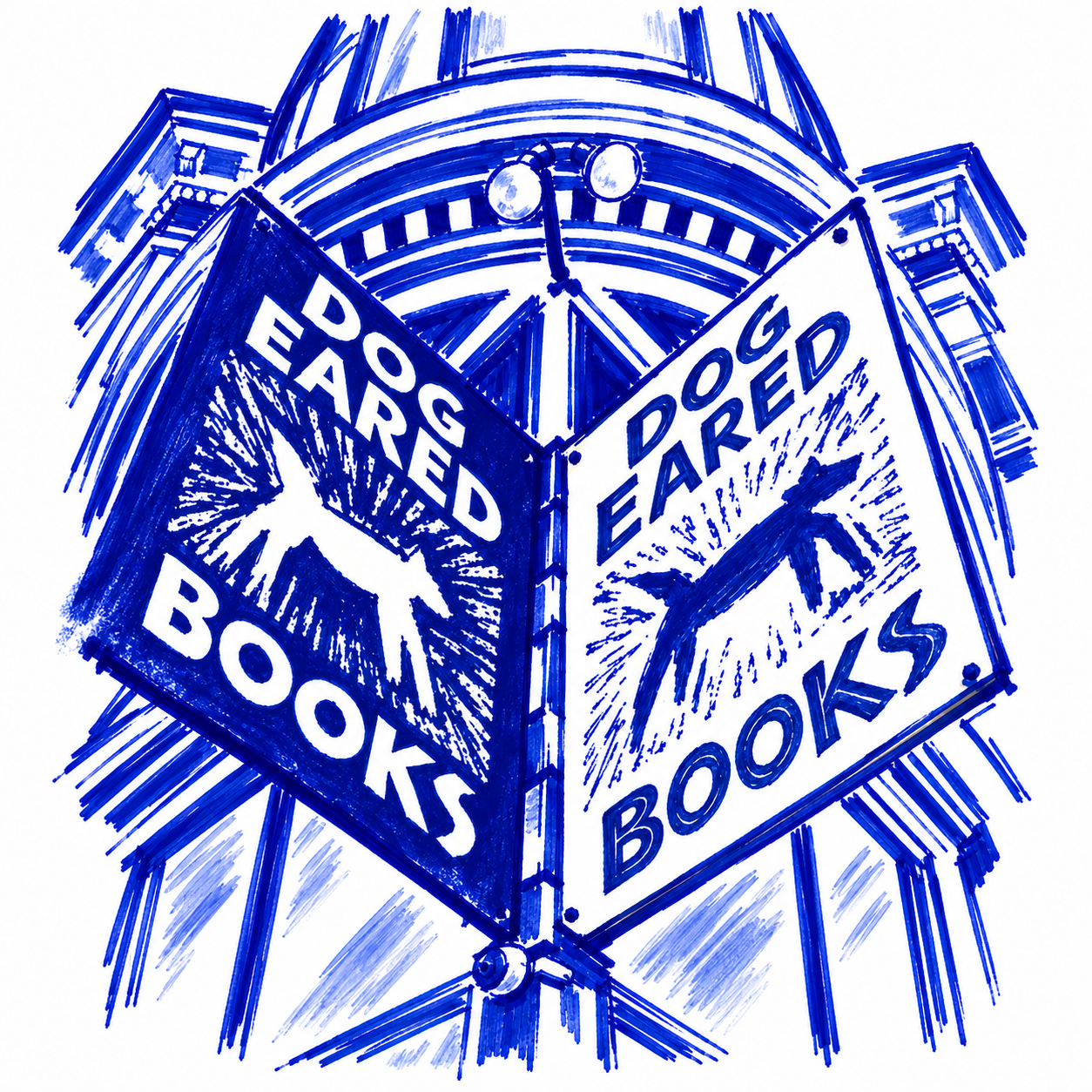 Klein-blue marker drawing of Dog Eared Books, Mission, San Francisco; Places to Wander by The Corporate Artist
