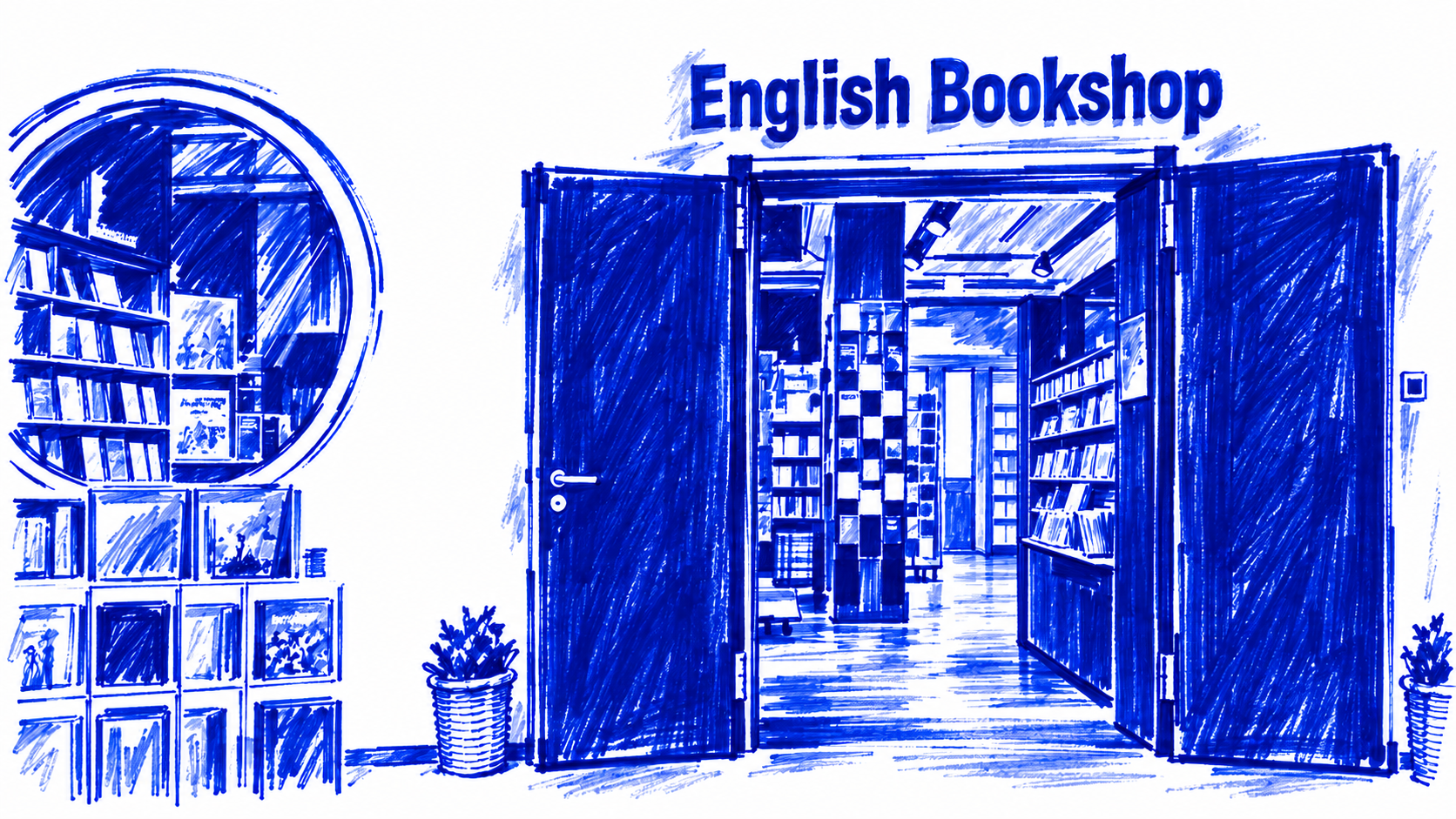 Klein-blue marker drawing of Dussmann English Bookshop, Friedrichstraße, Berlin; Places to Wander by The Corporate Artist