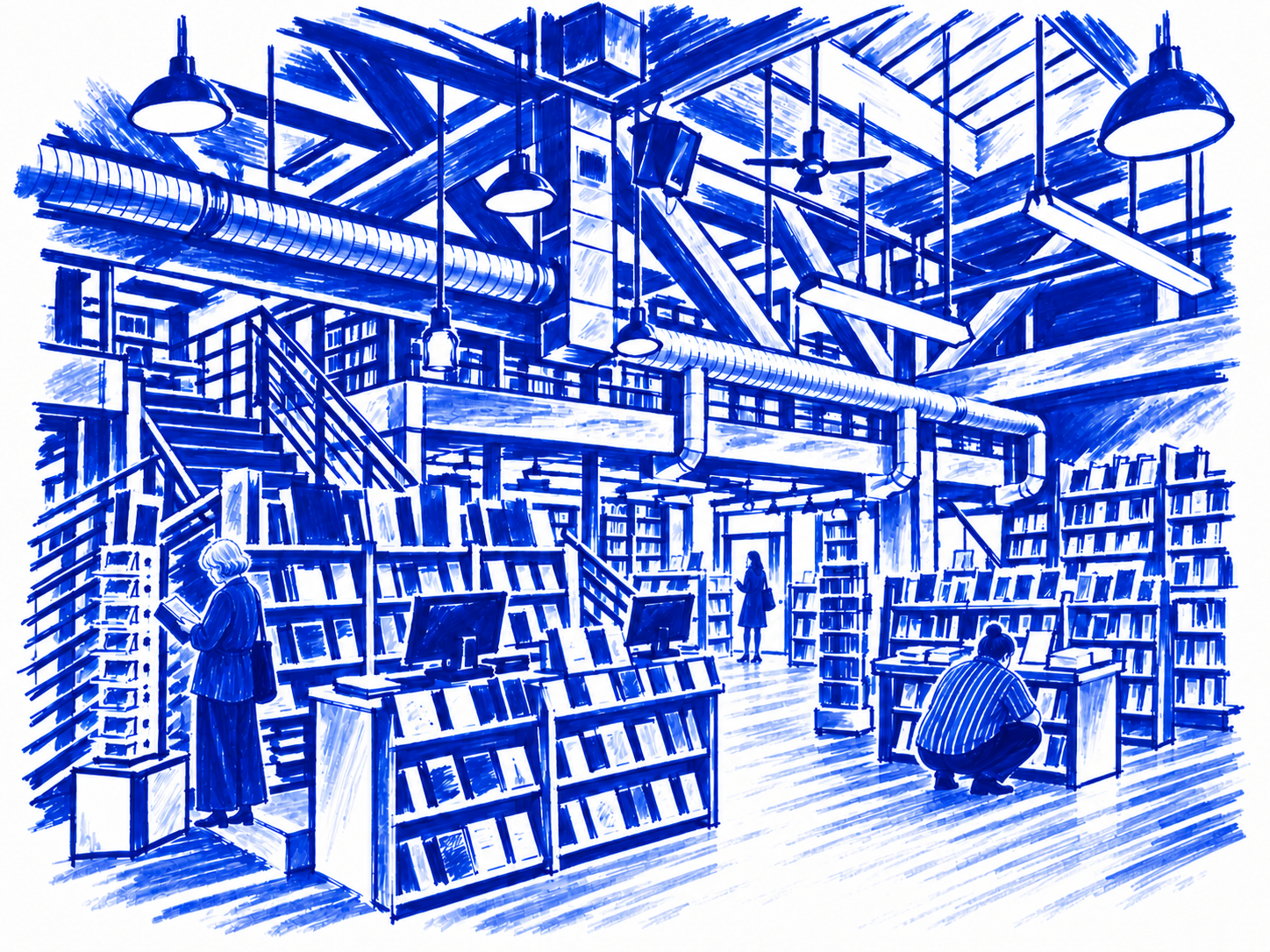 Klein-blue marker illustration of Elliott Bay Book Company, Seattle; Places to Wander by The Corporate Artist