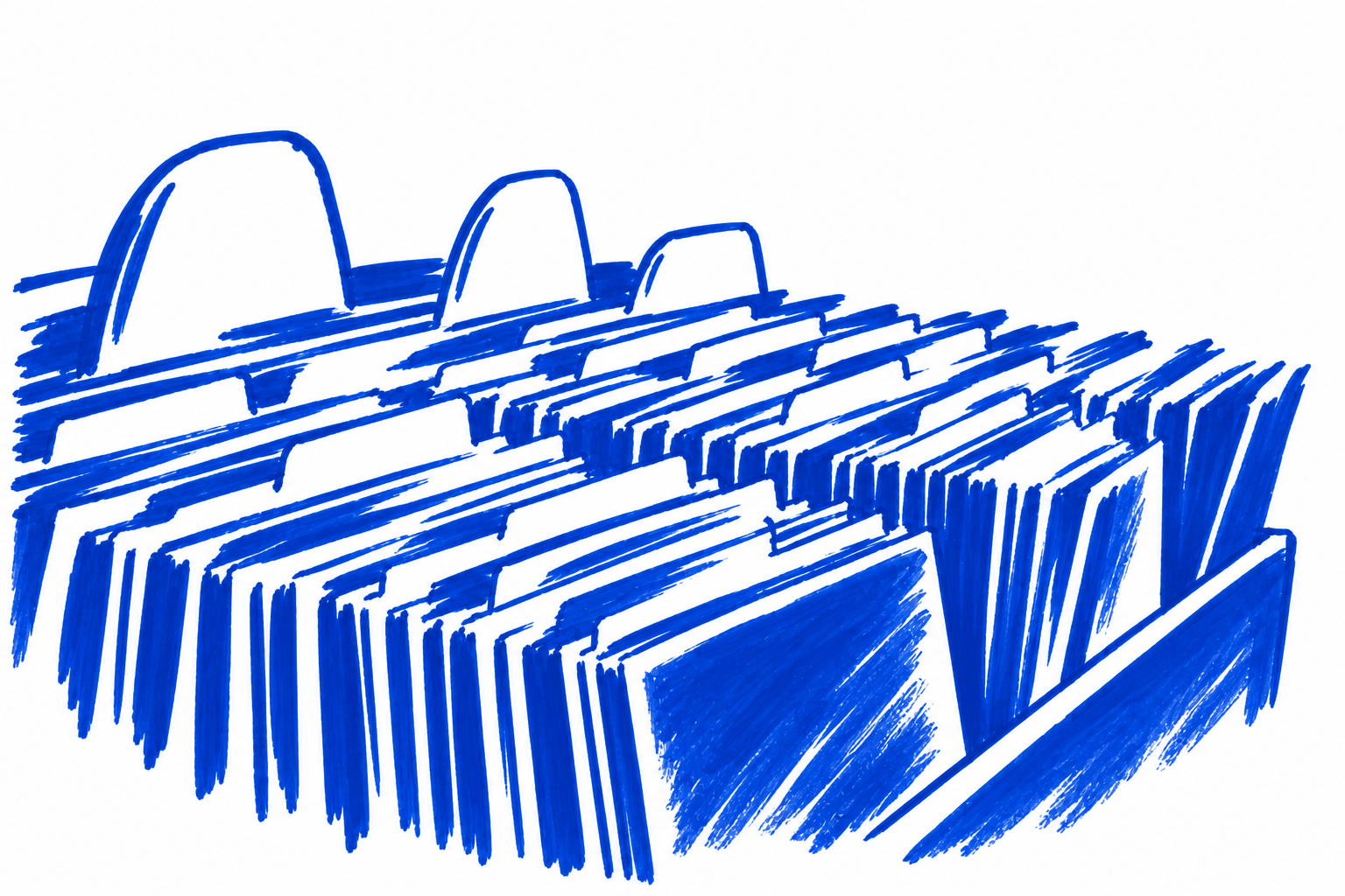 Klein-blue marker drawing of Encore Books & Records, Notre-Dame-de-Grâce, Montréal; Places to Wander by The Corporate Artist