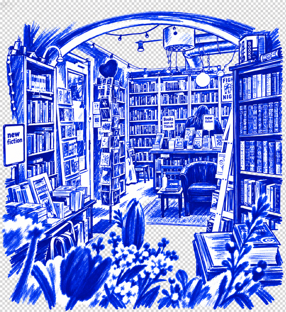 Klein-blue marker drawing of The English Bookshop, Södermalm, Stockholm; Places to Wander by The Corporate Artist
