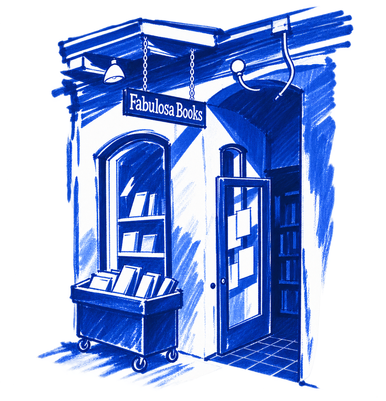 Klein-blue marker drawing of Fabulosa Books, Castro, San Francisco; Places to Wander by The Corporate Artist