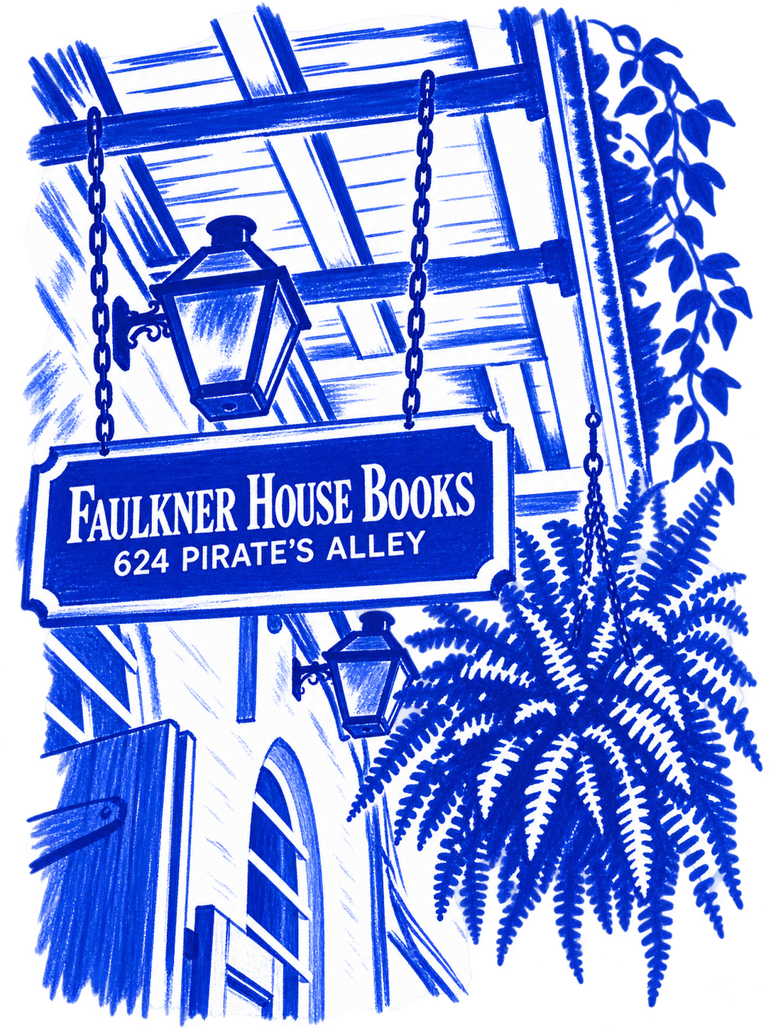 Klein-blue marker illustration of Faulkner House Books, New Orleans; Places to Wander by The Corporate Artist