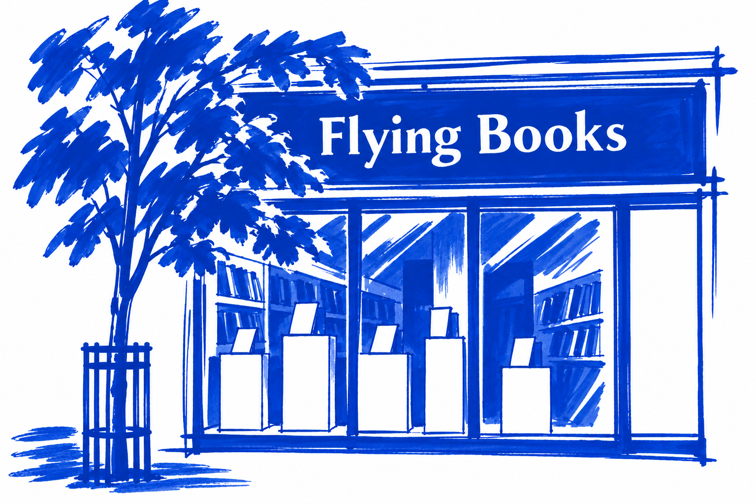 Klein-blue marker drawing of Flying Books, College / Shaw, Toronto; Places to Wander by The Corporate Artist