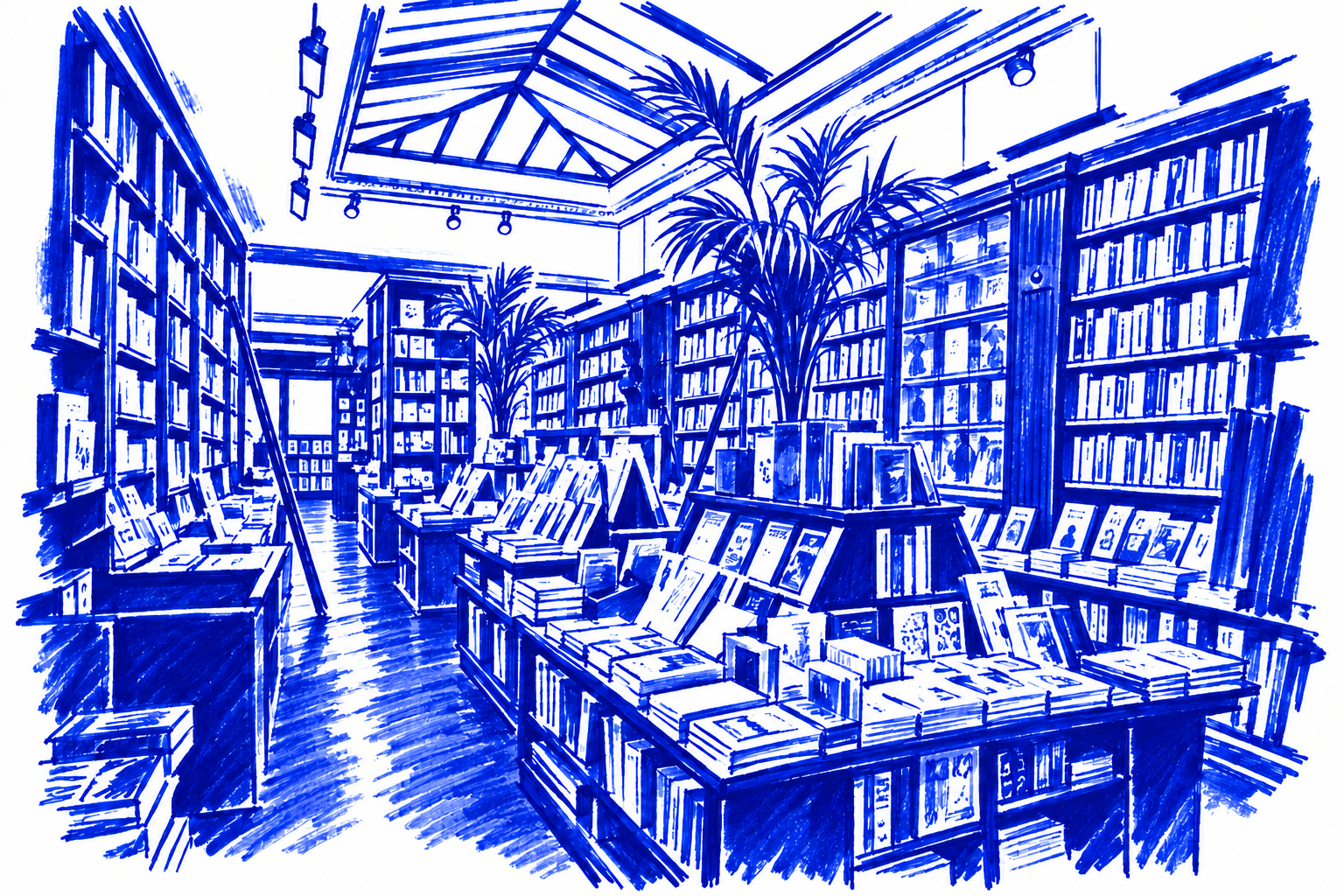 Klein-blue marker drawing of Galignani, Rue de Rivoli, Paris; Places to Wander by The Corporate Artist