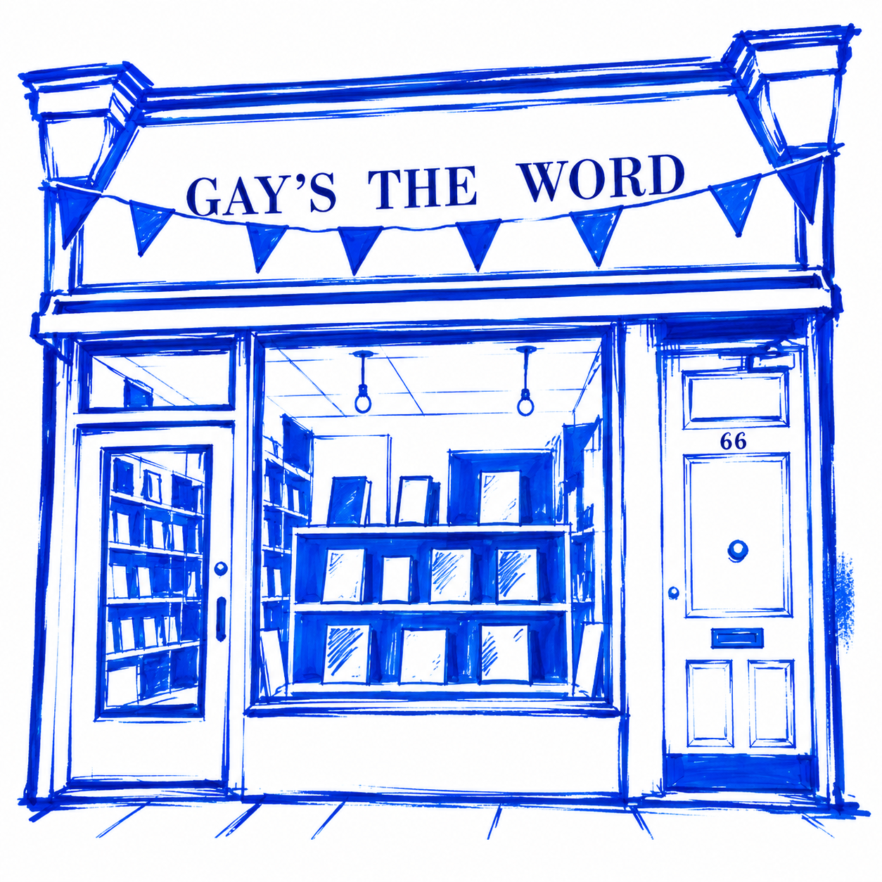 Klein-blue marker drawing of Gay's the Word, Bloomsbury, London; Places to Wander by The Corporate Artist