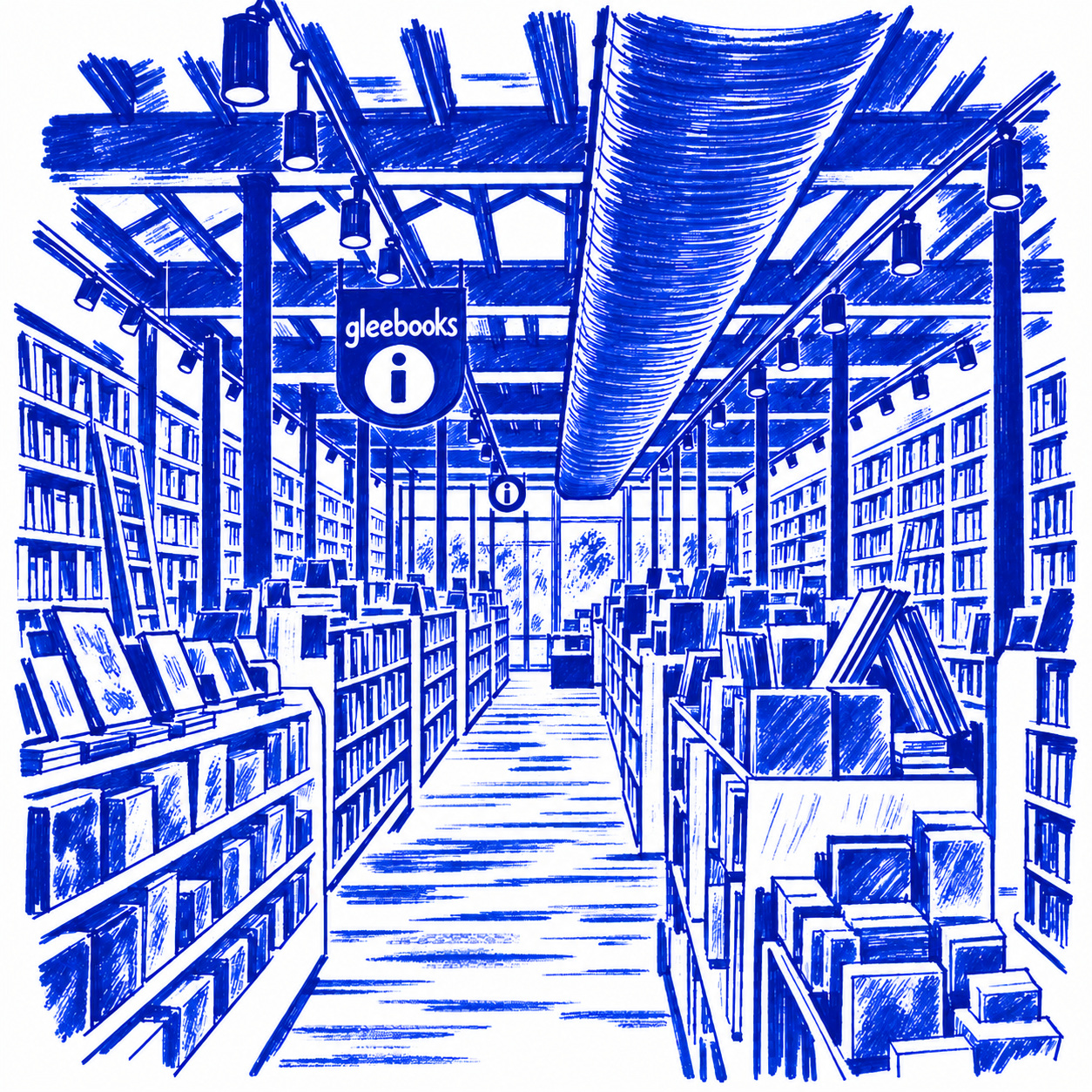 Klein-blue marker drawing of Gleebooks, Glebe, Sydney; Places to Wander by The Corporate Artist