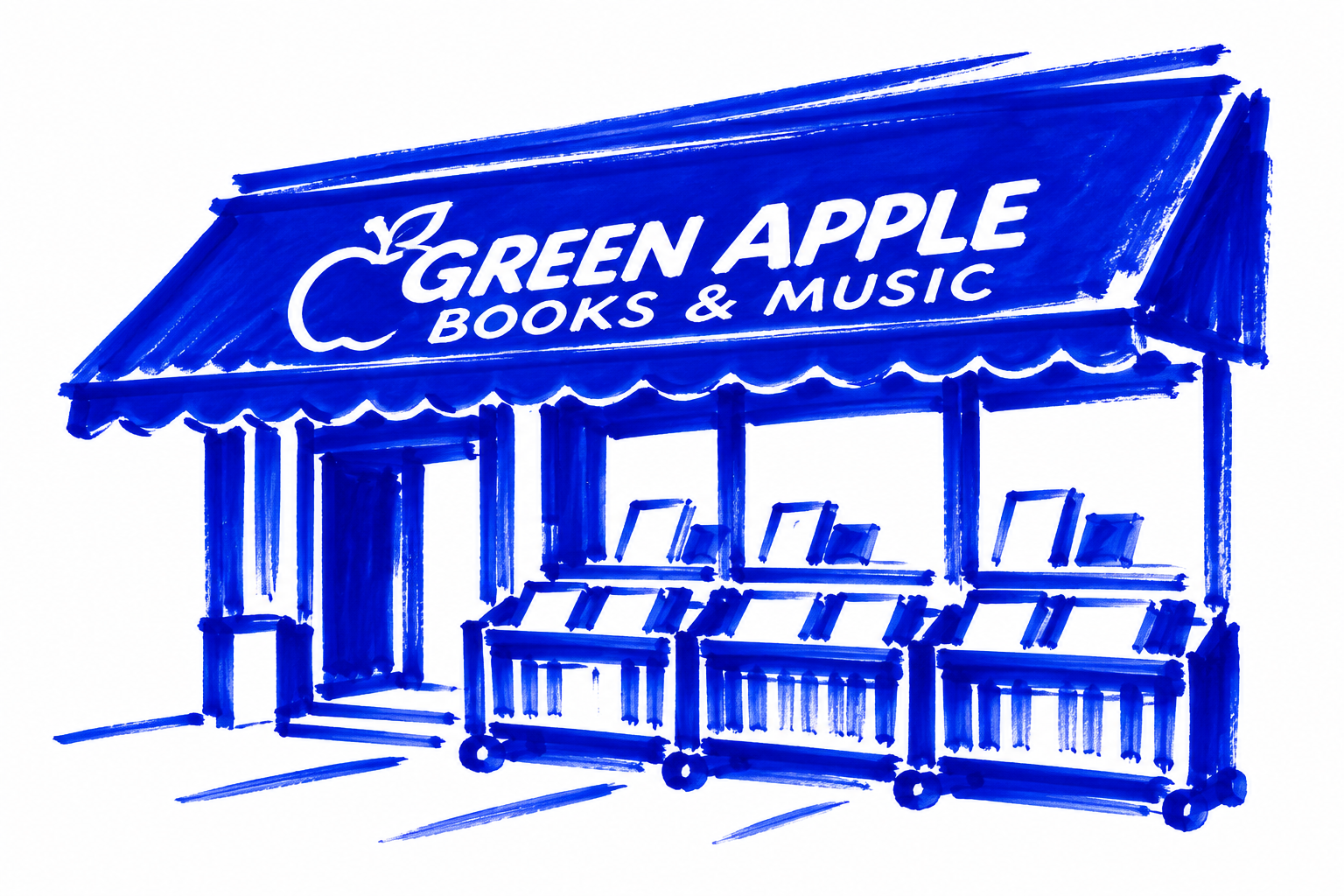 Klein-blue marker drawing of Green Apple Books, Richmond, San Francisco; Places to Wander by The Corporate Artist