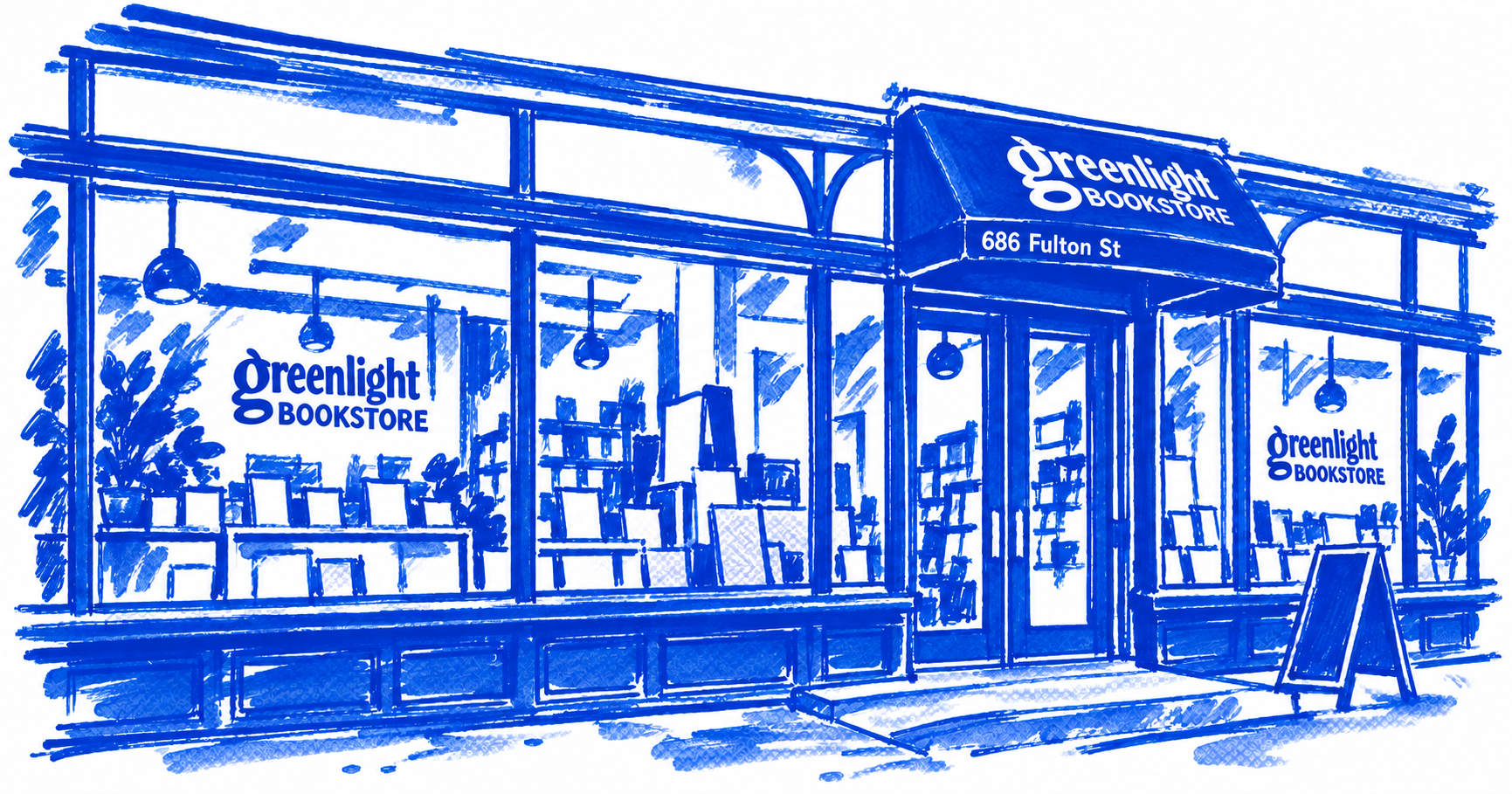 Klein-blue marker drawing of Greenlight Bookstore, Fort Greene, New York; Places to Wander by The Corporate Artist