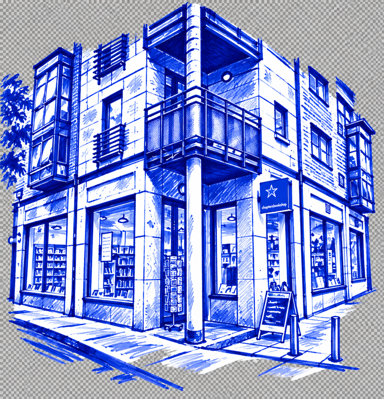 Klein-blue marker drawing of The Gutter Bookshop, Temple Bar, Dublin; Places to Wander by The Corporate Artist