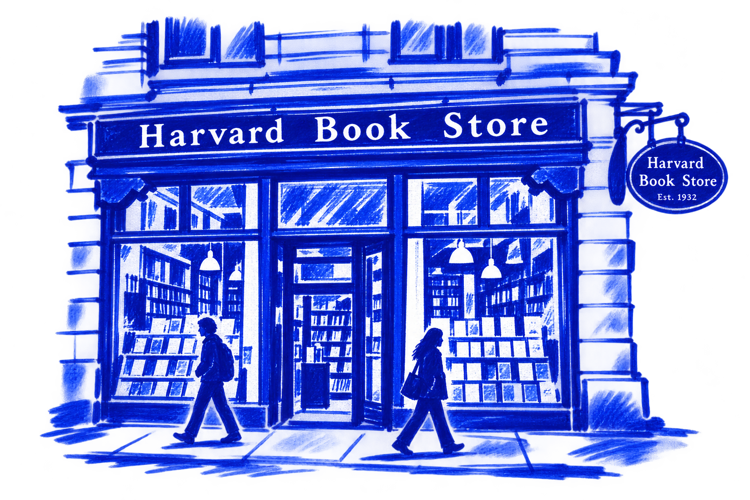 Klein-blue marker illustration of Harvard Book Store, Boston / Cambridge; Places to Wander by The Corporate Artist