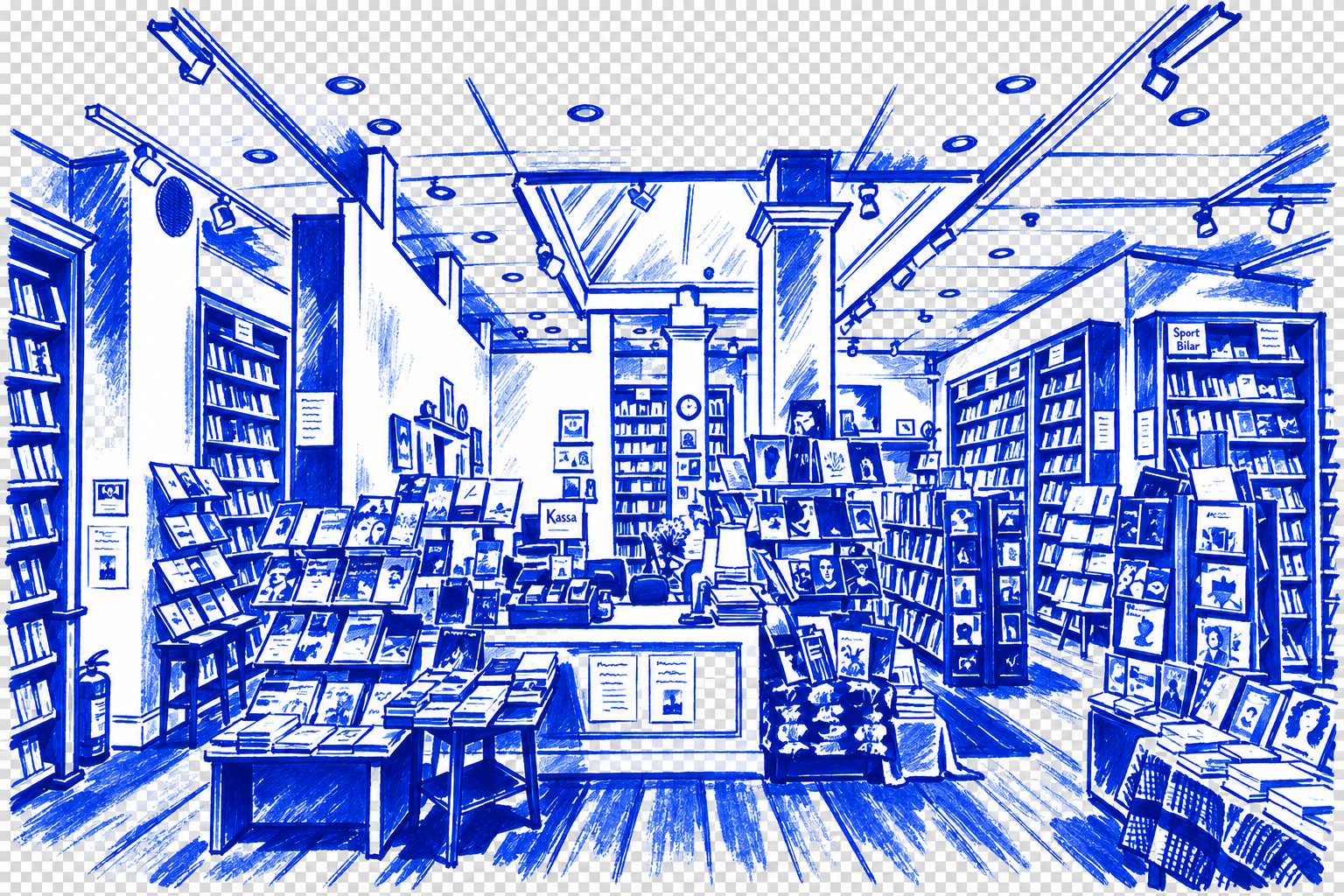 Klein-blue marker drawing of Hedengrens, Sturegallerian, Stockholm; Places to Wander by The Corporate Artist