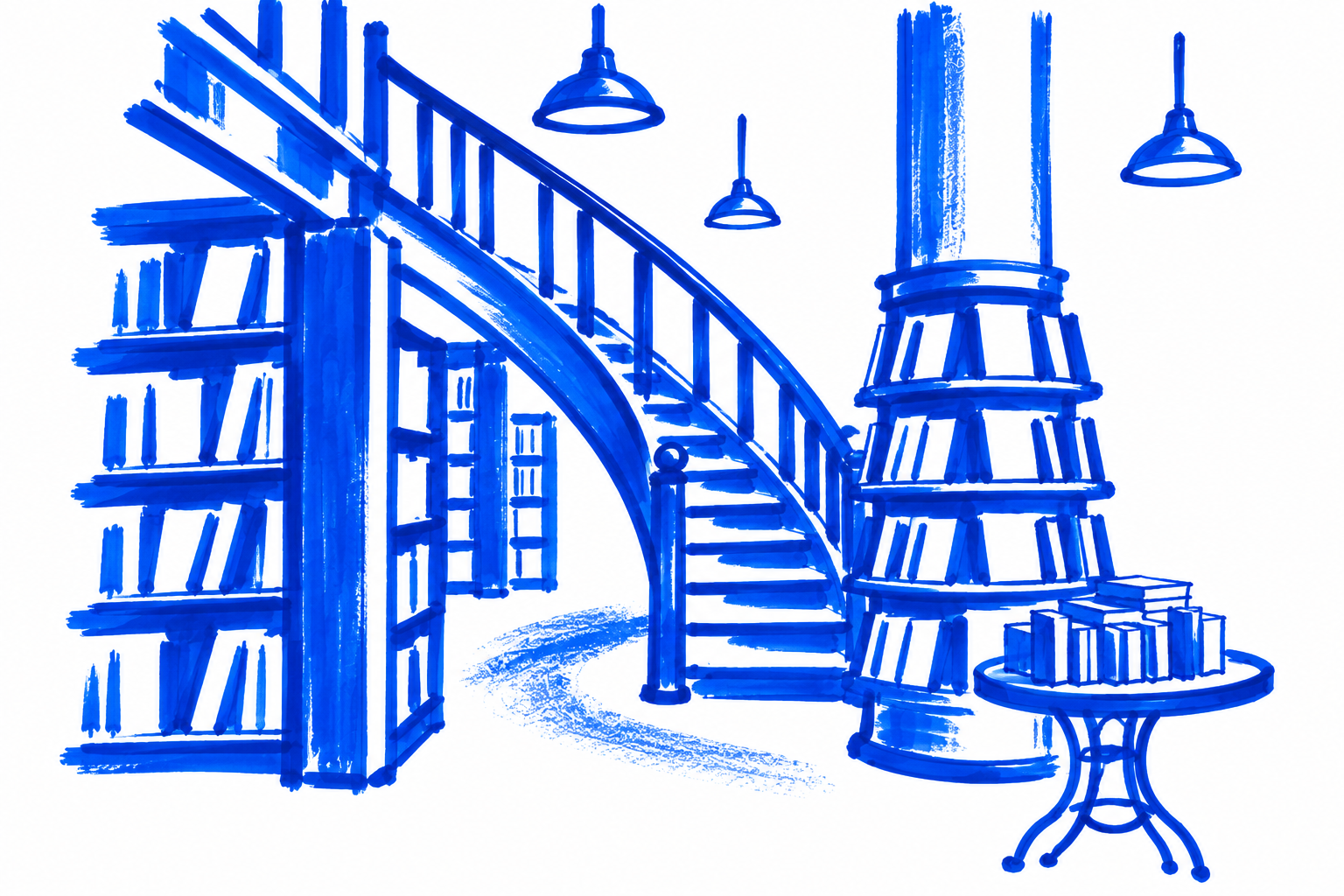 Klein-blue marker drawing of Housing Works Bookstore, SoHo, New York; Places to Wander by The Corporate Artist