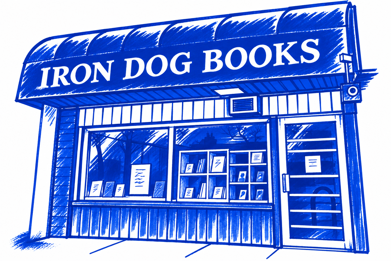 Klein-blue marker drawing of Iron Dog Books, Hastings-Sunrise, Vancouver; Places to Wander by The Corporate Artist