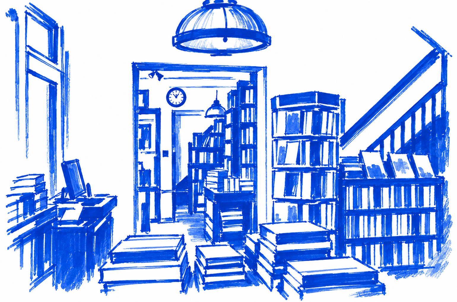 Klein-blue marker drawing of John Sandoe Books, Chelsea, London; Places to Wander by The Corporate Artist