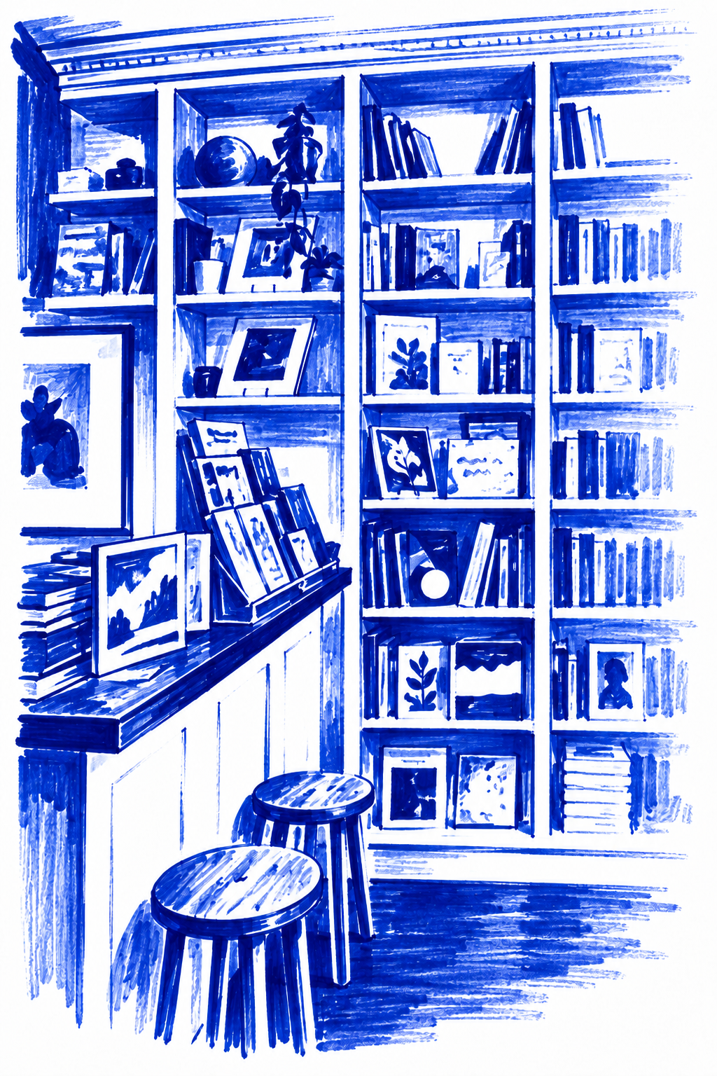 Klein-blue marker drawing of Librairie Saint-Henri Books, Saint-Henri, Montréal; Places to Wander by The Corporate Artist