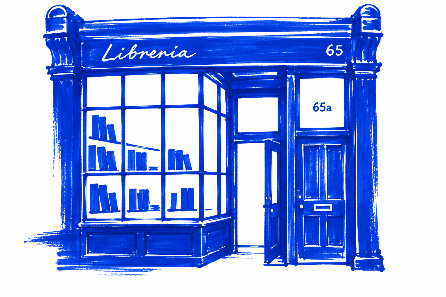 Klein-blue marker drawing of Libreria, Spitalfields, London; Places to Wander by The Corporate Artist
