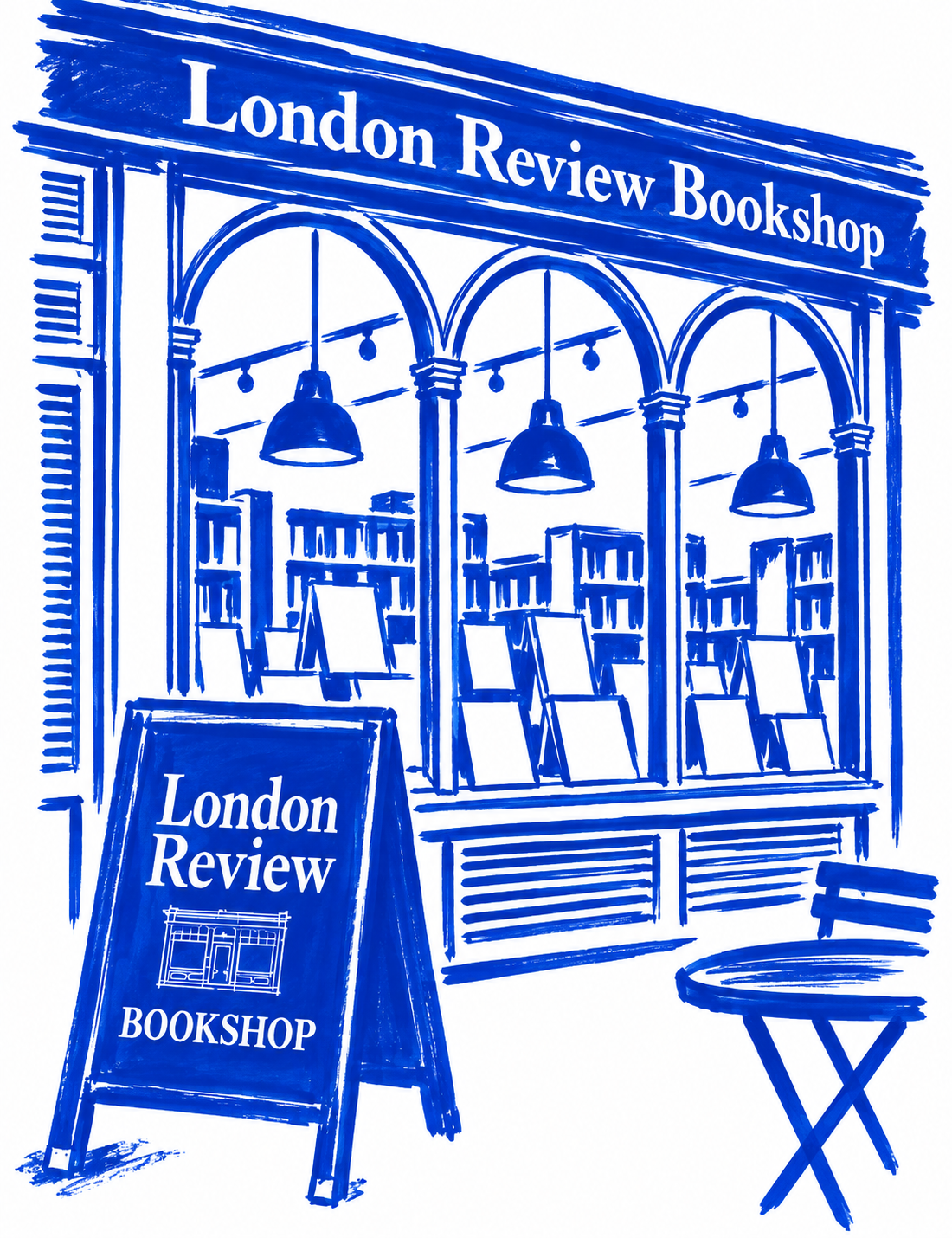 Klein-blue marker drawing of London Review Bookshop, Bloomsbury, London; Places to Wander by The Corporate Artist
