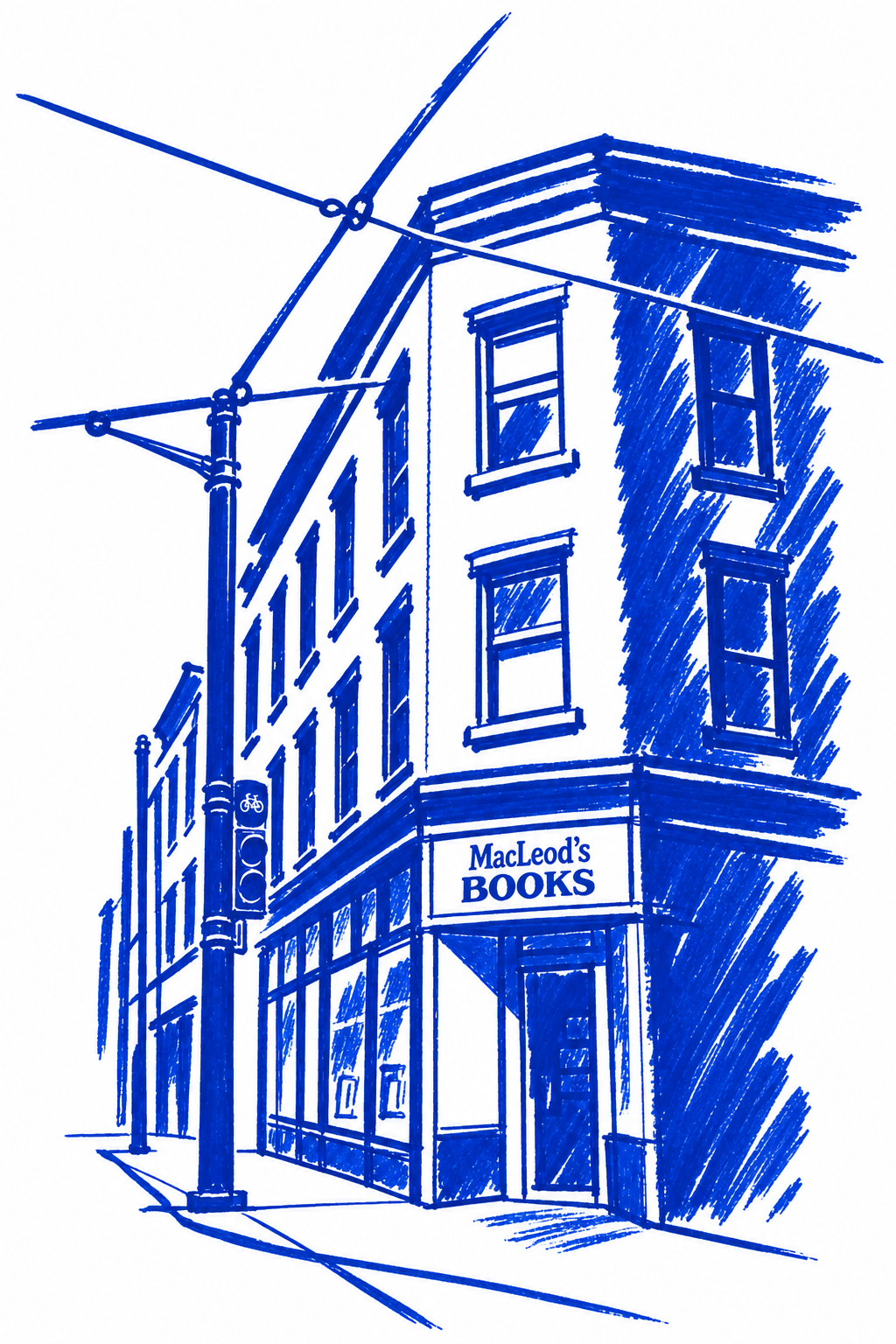 Klein-blue marker drawing of MacLeod’s Books, Downtown, Vancouver; Places to Wander by The Corporate Artist