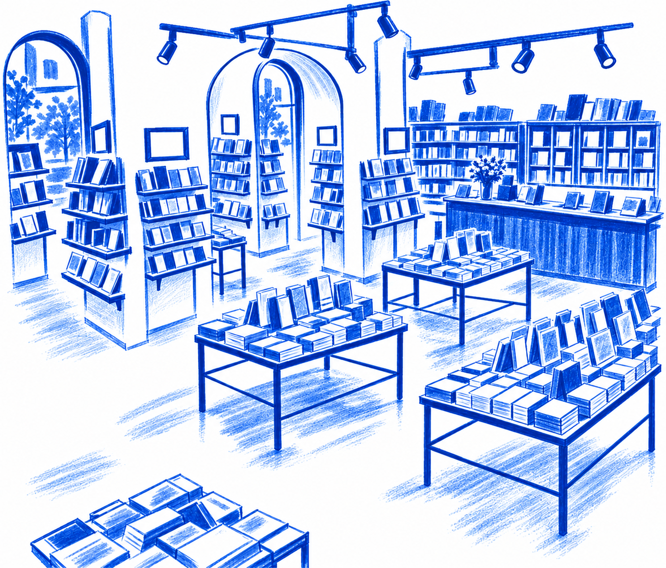 Klein-blue marker drawing of McNally Jackson Books, SoHo, New York; Places to Wander by The Corporate Artist