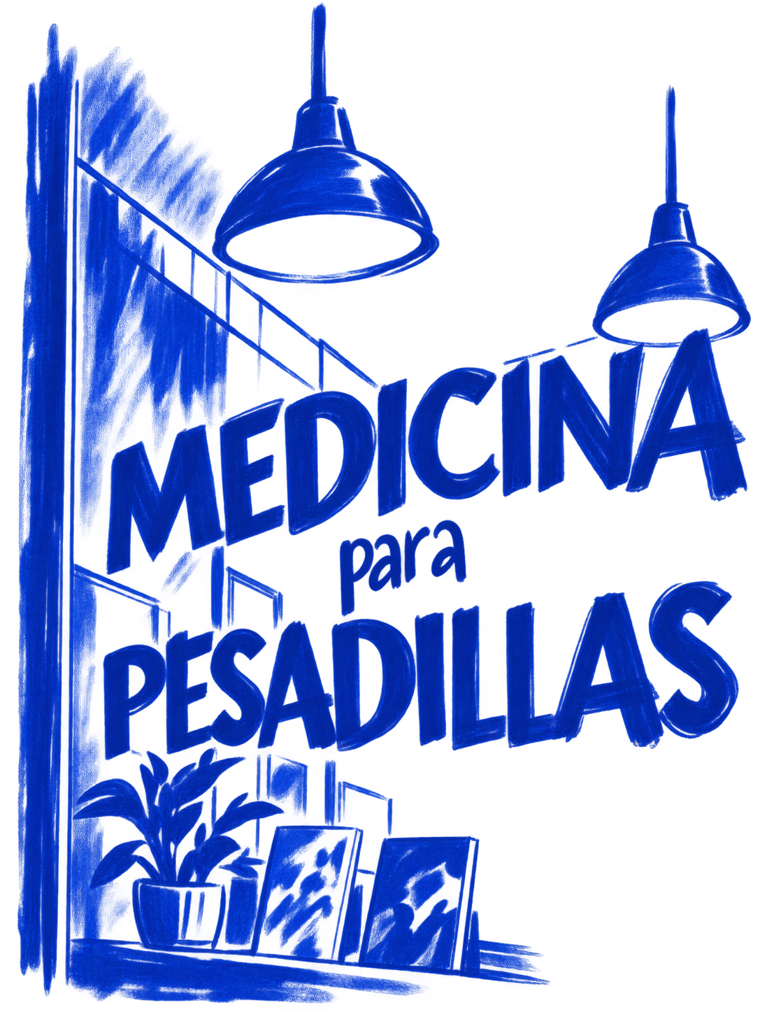 Klein-blue marker drawing of Medicine for Nightmares, Mission, San Francisco; Places to Wander by The Corporate Artist