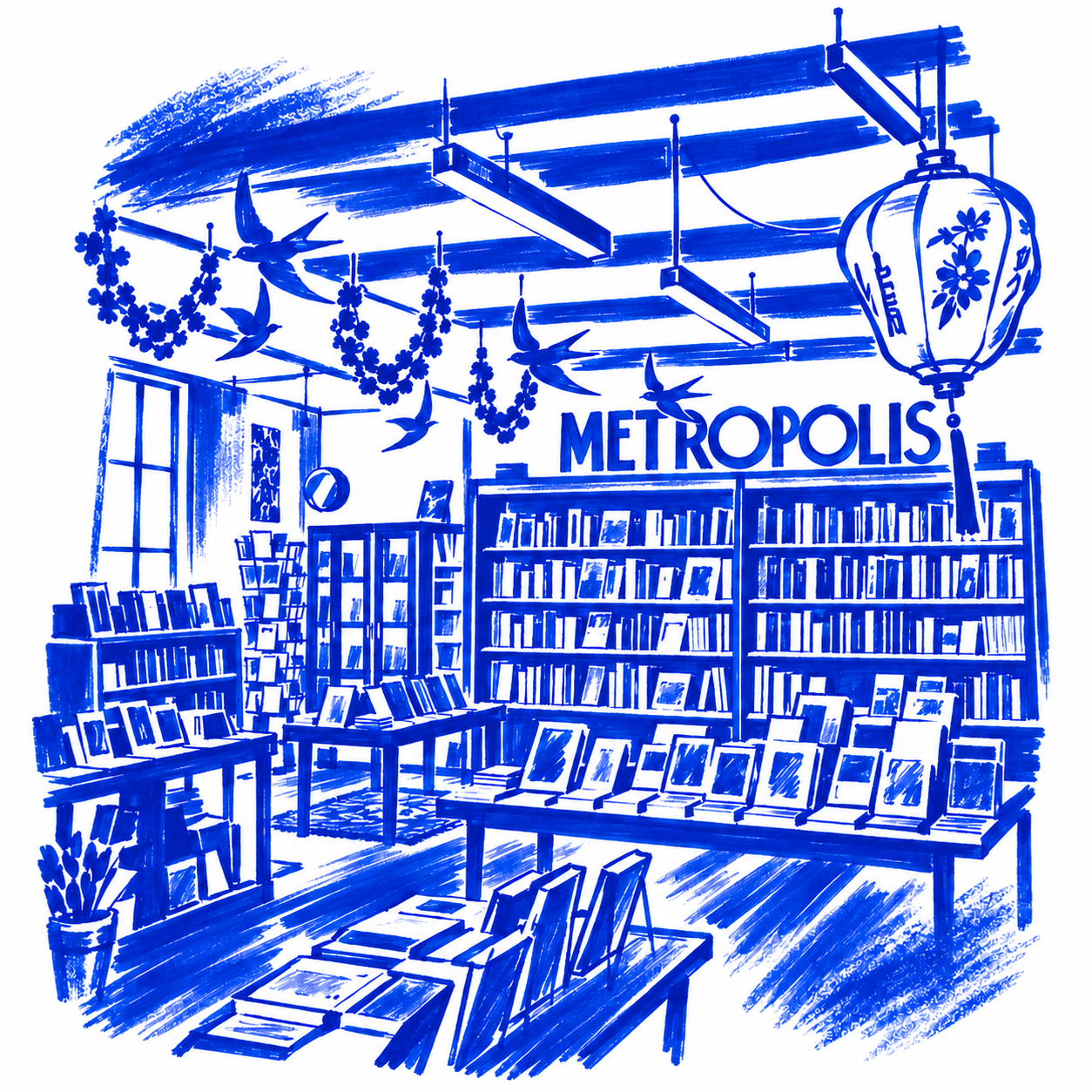 Klein-blue marker illustration of Metropolis Bookshop, Melbourne; Places to Wander by The Corporate Artist