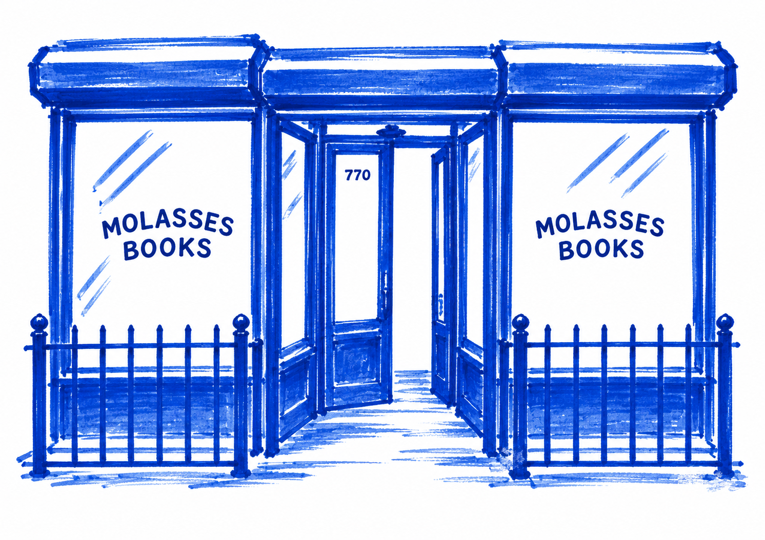 Klein-blue marker drawing of Molasses Books, Bushwick, New York; Places to Wander by The Corporate Artist