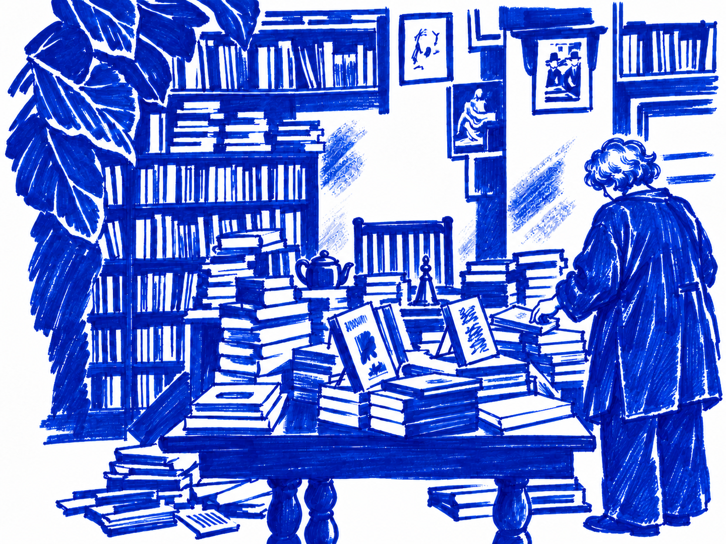 Klein-blue marker illustration of Mother Foucault’s Bookshop, Portland; Places to Wander by The Corporate Artist