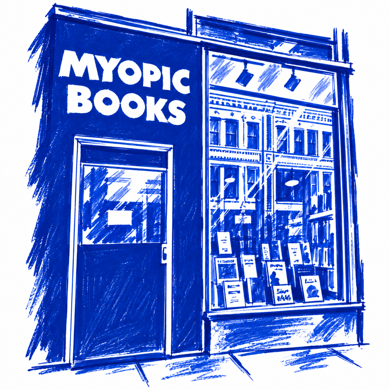 Klein-blue marker illustration of Myopic Books, Chicago; Places to Wander by The Corporate Artist